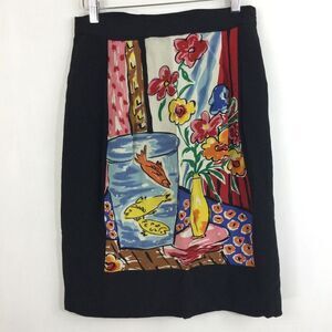 Vintage Rickie Freeman SILK Colorful Floral Print Midi Skirt, Sz 10